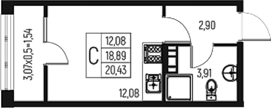 Студия · 18.89 м²