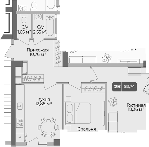 Продается 2-комн. квартира, 57.54 м²