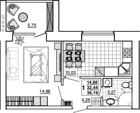 1-комн. · 32.44 м²