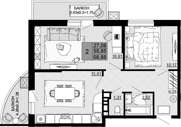Планировка 55.85 м²