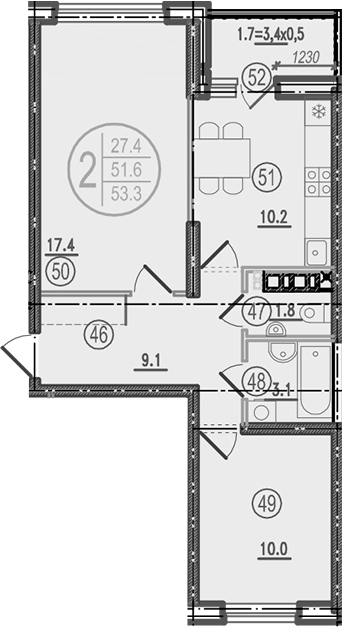 Продается 2-комн. квартира, 51.6 м²