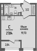 Студия, 26.42 м²