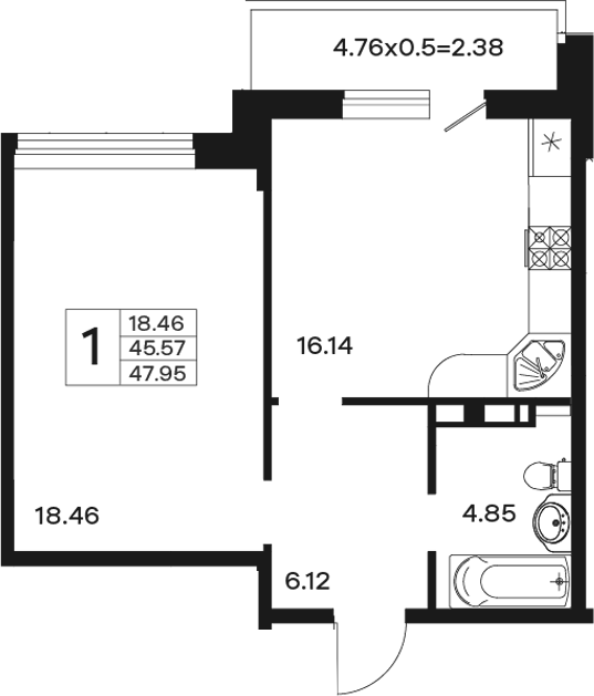 Планировка 45.57 м²