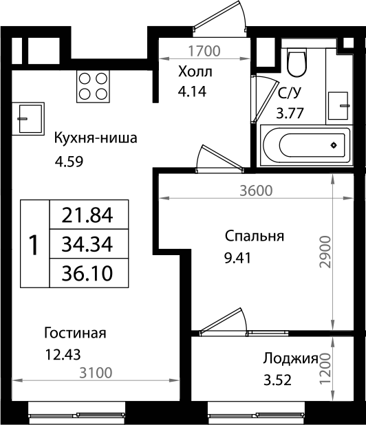 Планировка 34.13 м²