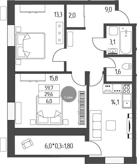 Продается 2-комн. квартира, 59.7 м²