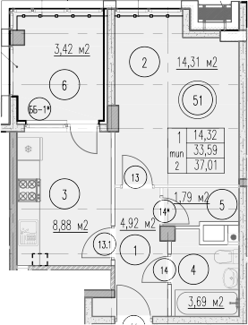 Планировка 33.59 м²