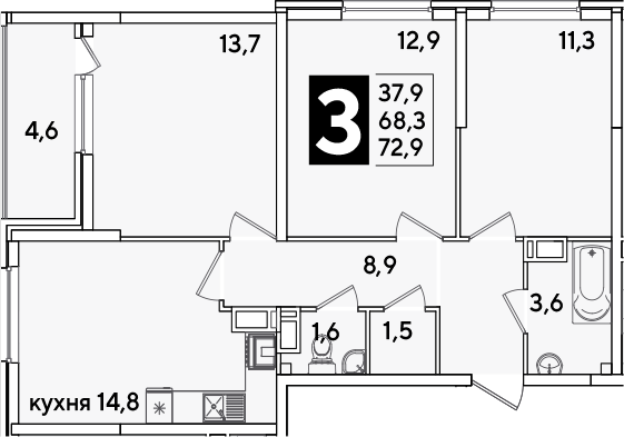 Продается 3-комн. квартира, 68.3 м²