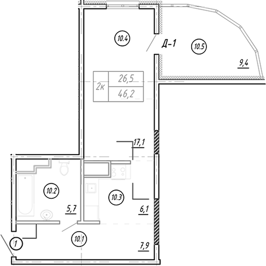 Планировка 44.58 м²
