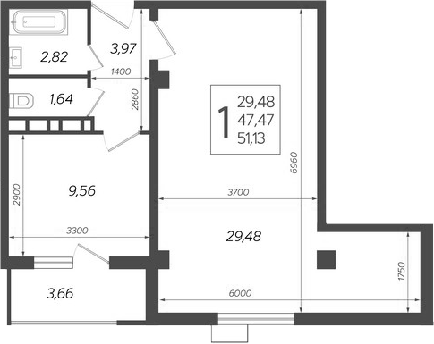 Планировка 47.47 м²