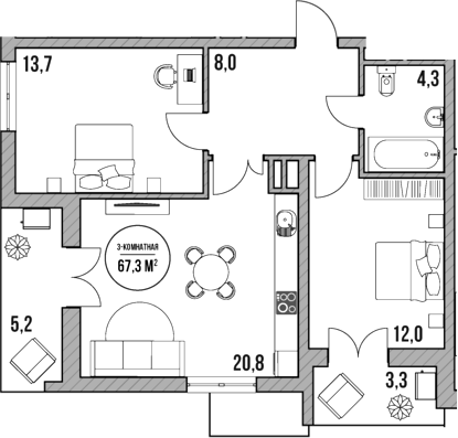 Продается 3-комн. квартира, 58.8 м²
