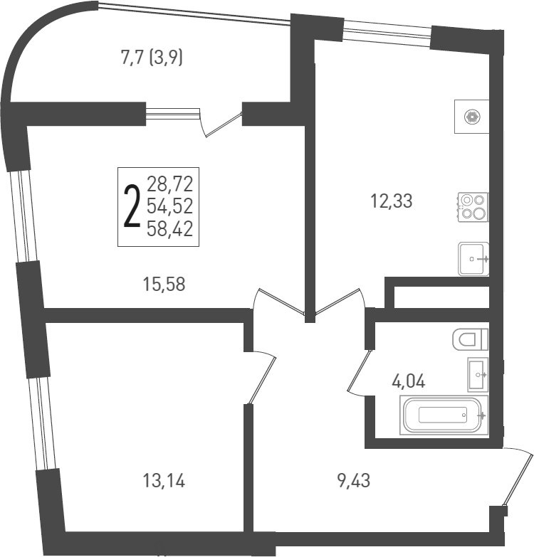 Продается 2-комн. квартира, 55.8 м²