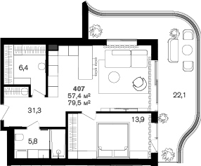 Планировка 57.4 м²
