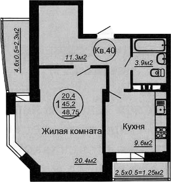 Планировка 45.55 м²
