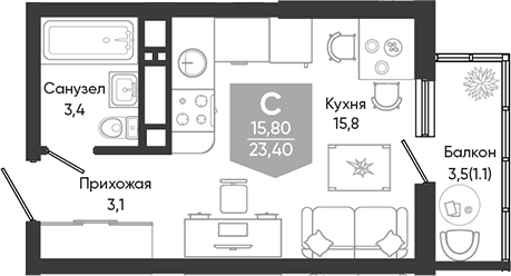 Планировка 22.3 м²