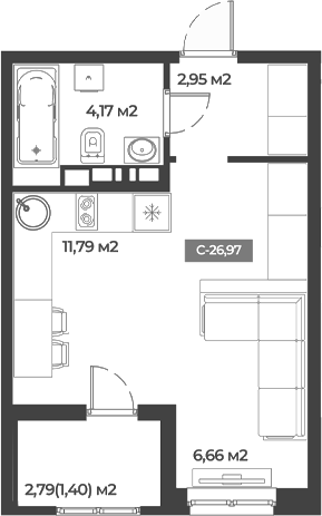 Продается 1-комн. квартира, 25.57 м²