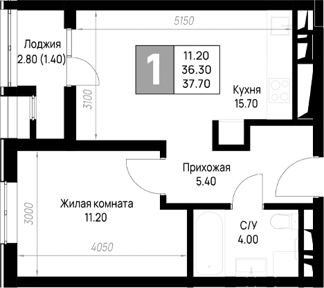 1-комн. · 36.3 м²