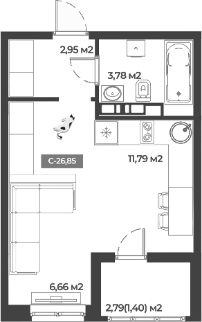 Студия, 25.18 м²