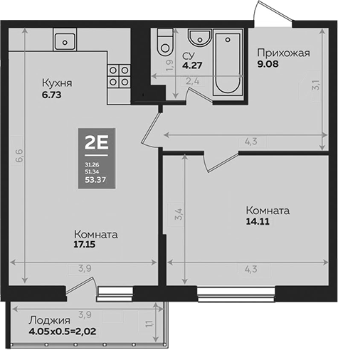 Планировка 51.29 м²