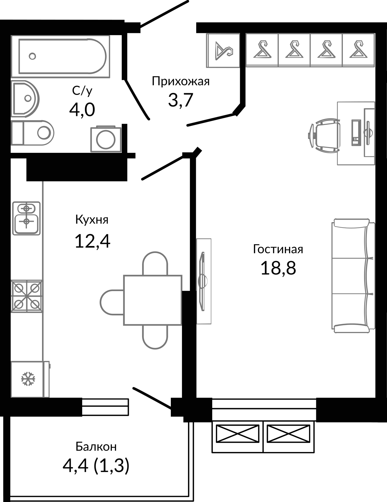Планировка 39.8 м²