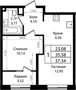 Планировка 35.64 м²