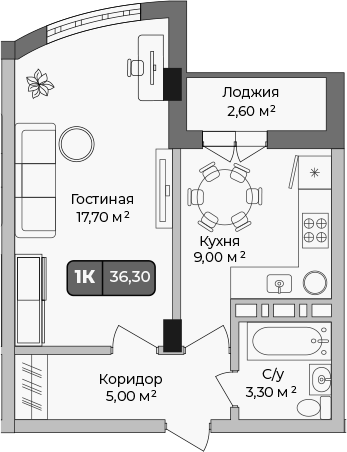 1-комн., 35 м²