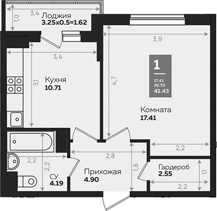 Планировка 39.81 м²