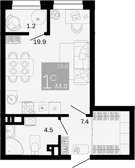 Студия, 31.8 м²