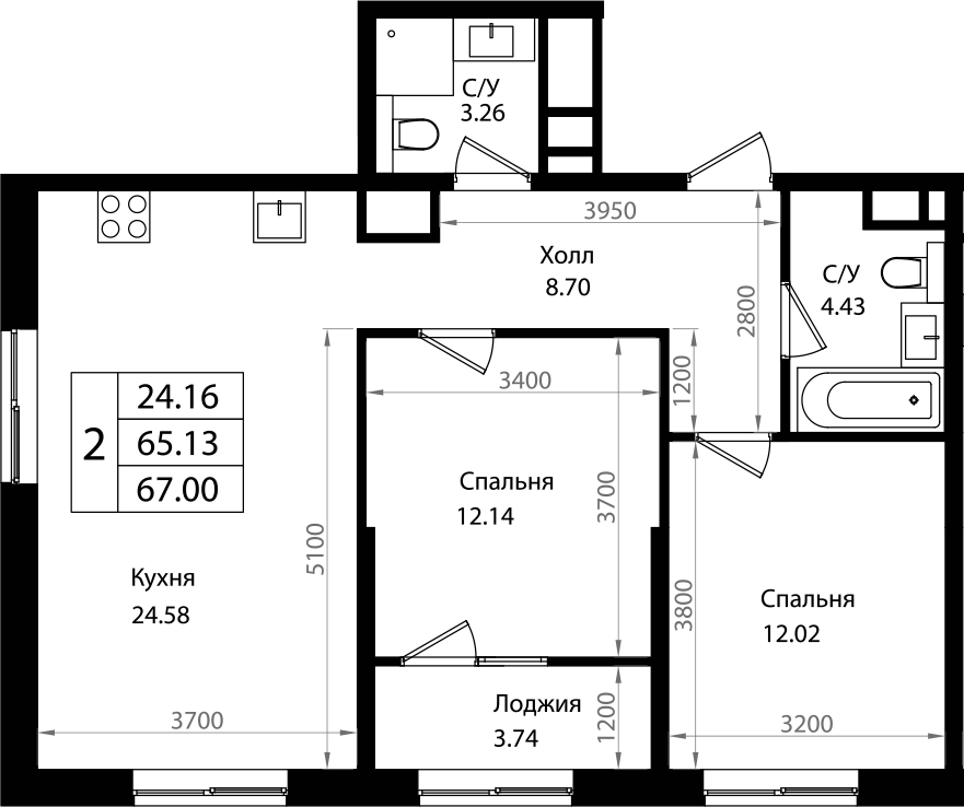 3-комн. квартира, 68.38 м² в ЖК Патрики